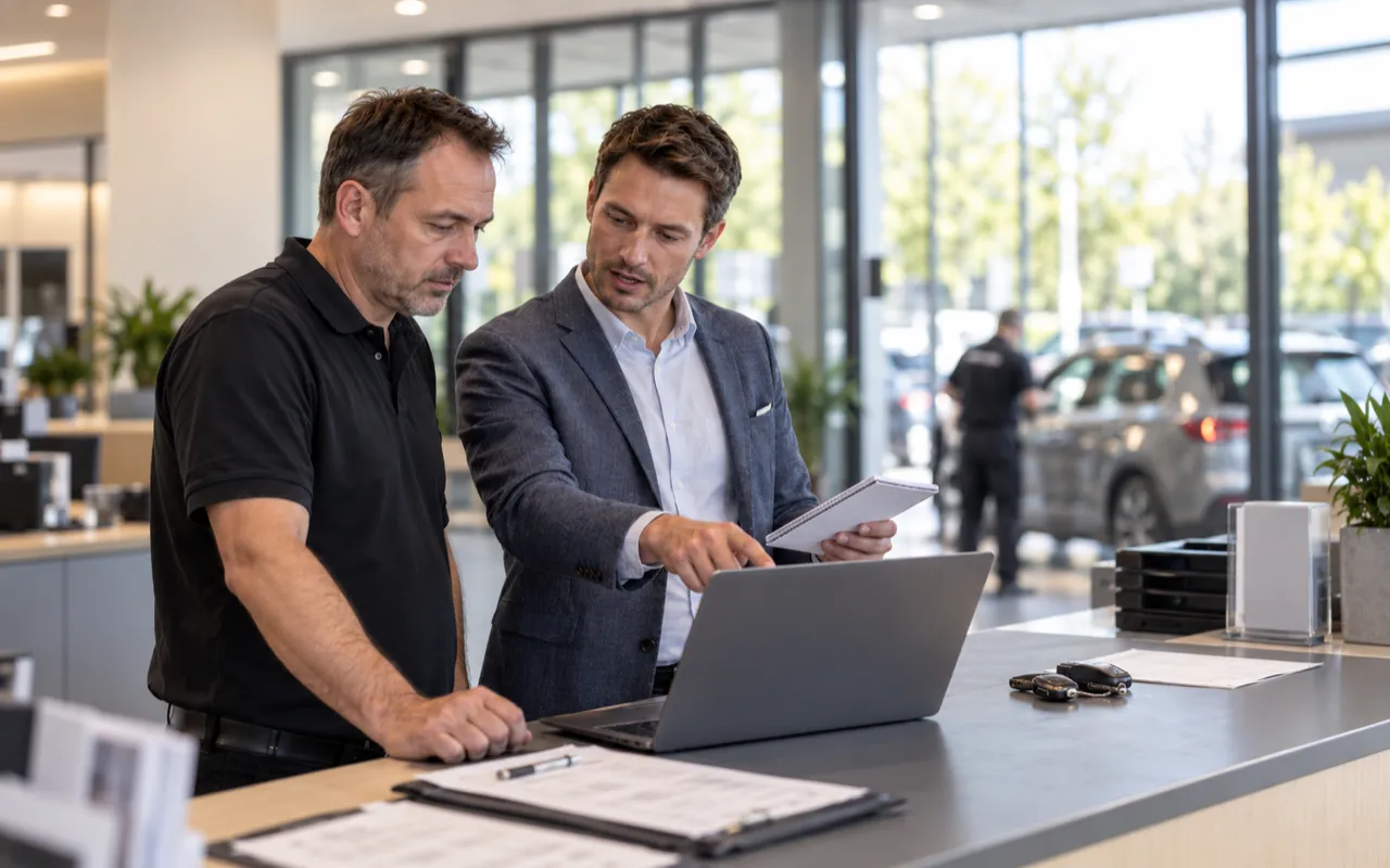 Berater von mobilApp und Serviceberater eines Autohauses stehen gemeinsam am Annahmetresen vor einem Laptop